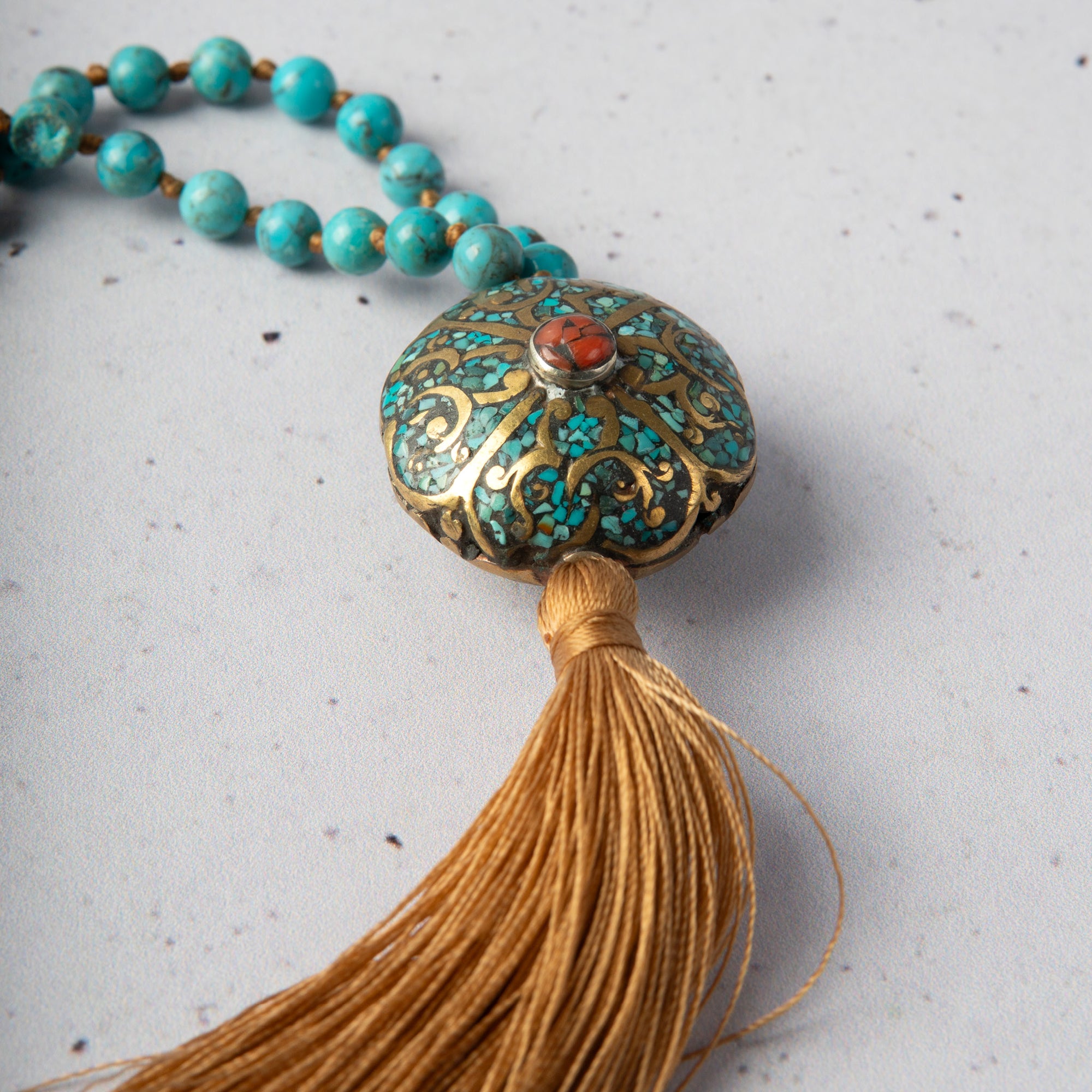 Turquoise & Coral Tibetan Medallion Mala