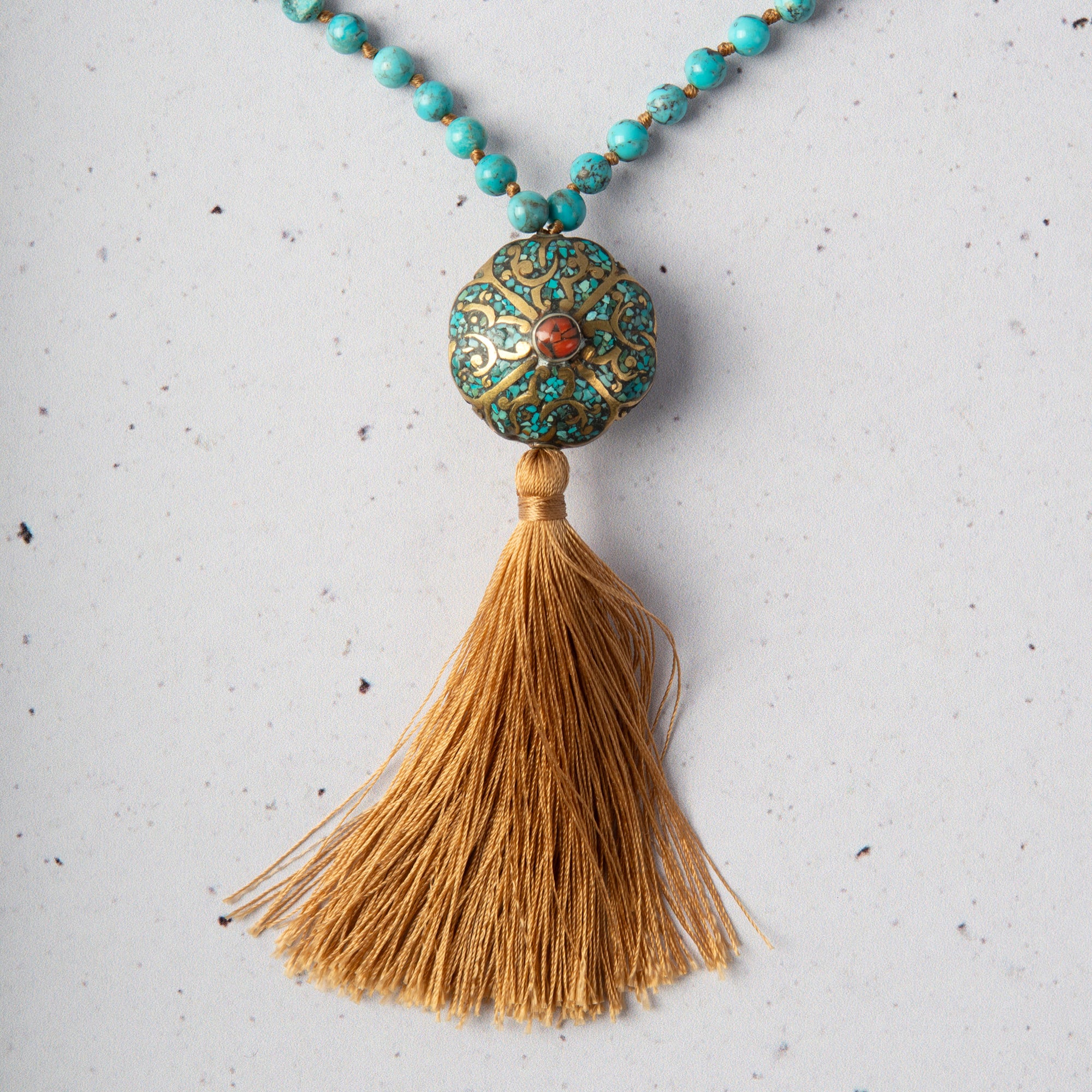 Turquoise & Coral Tibetan Medallion Mala